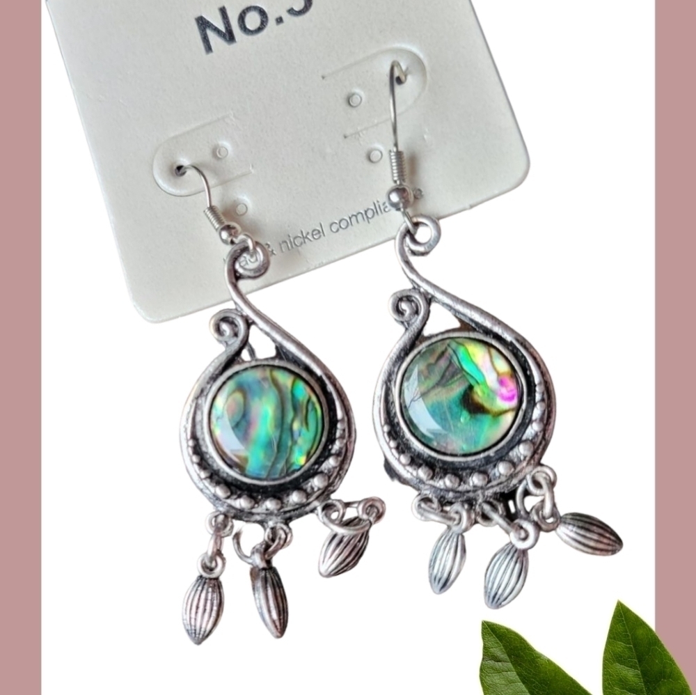 Abalone Shell Antique Silver Tone Dangle Statement Earrings New